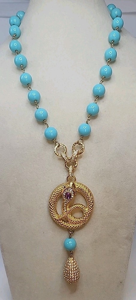 Vintage R.J. Graziano Blue Beaded Gold Tone Necklace W/Statement Crystal Pendant