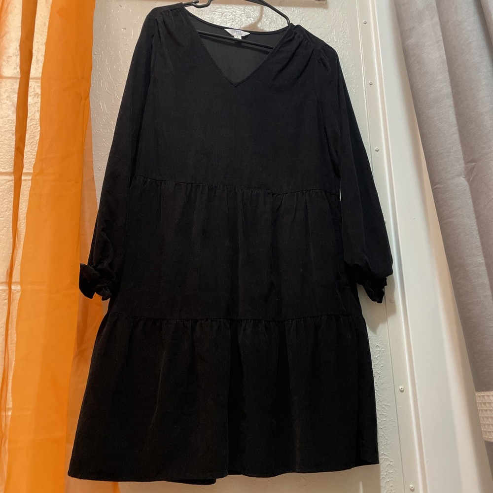 Time and Tru Tiered Cotton Corduroy Dress Small Black Long Sleeve