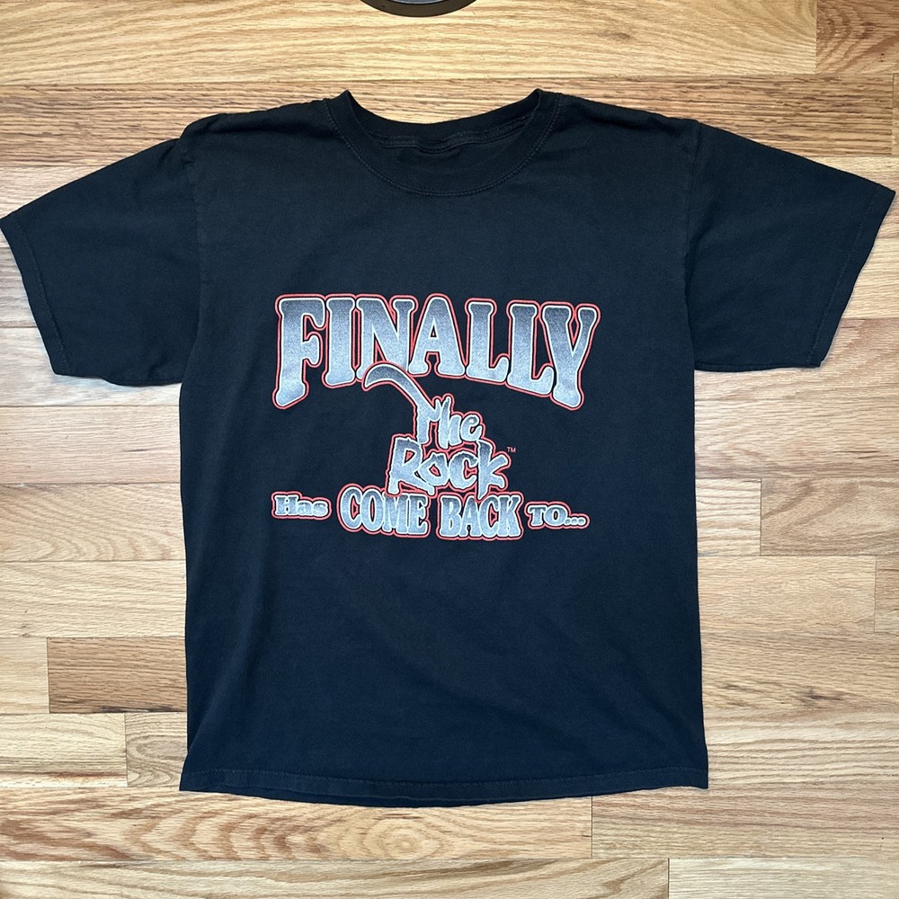 Vintage WWF Shirt The Rock Men’s Medium Black Spell Out Double Sided WWE