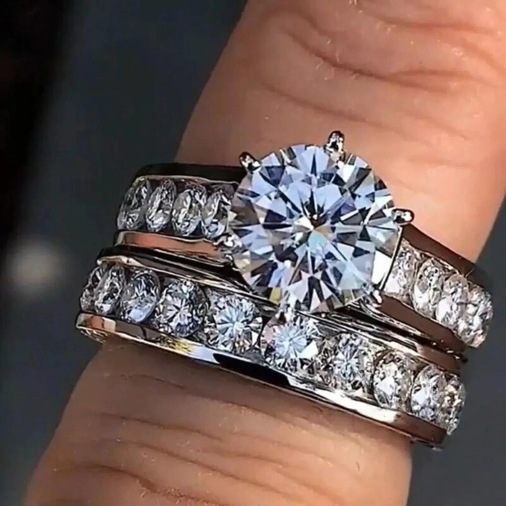 14K White Gold Plated 2Ct Round Cut Natural Moissanite Engagement Ring for Women