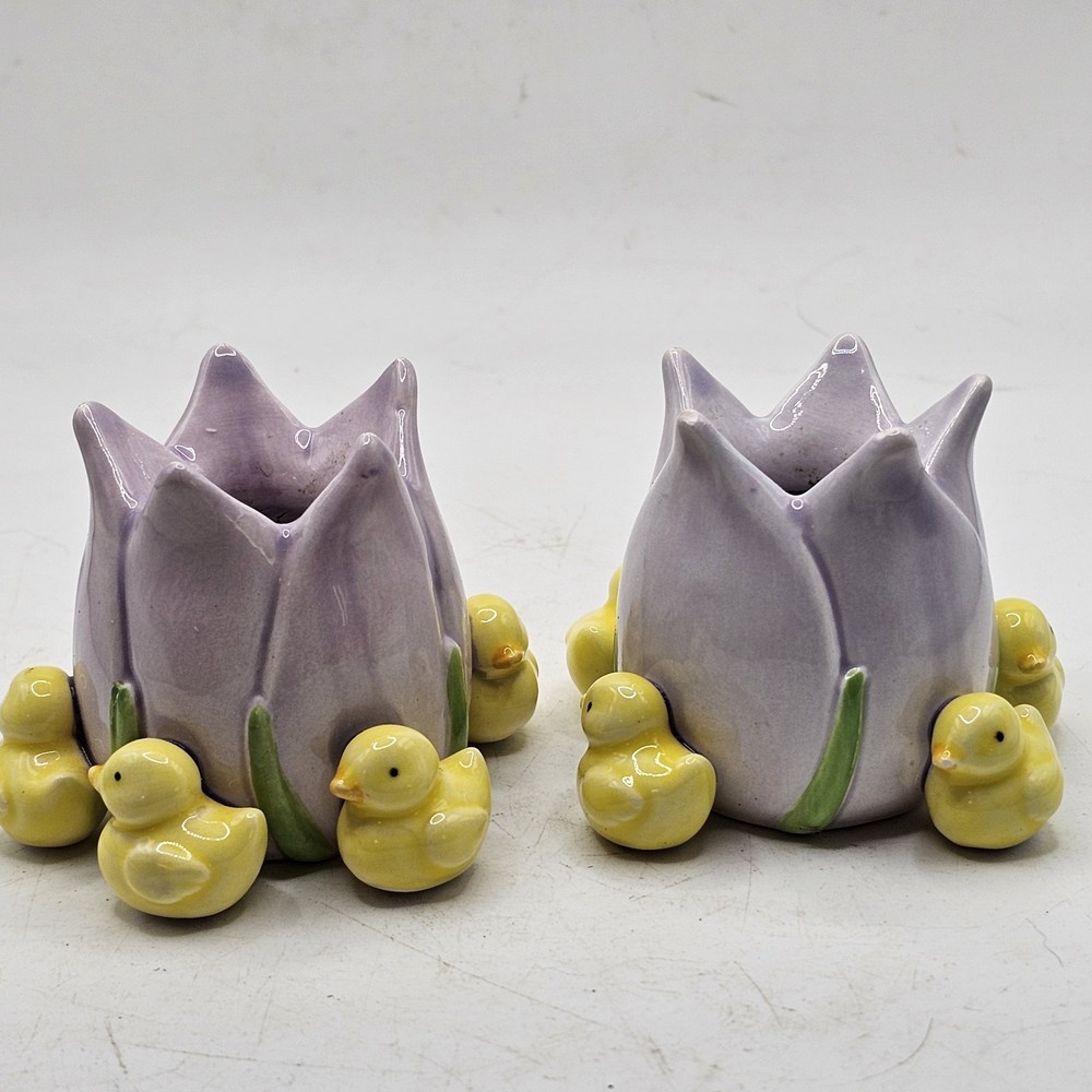 Purple Tulip And Ducks Chicks Candle Stick Holders Set Of 2 Spring Taiwan Easter