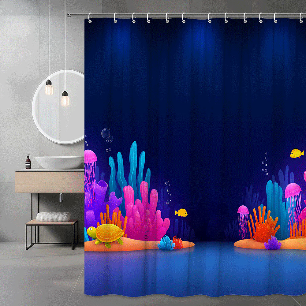 Ocean Shower Curtain Cartoon Underwater Coral Reef Fish
