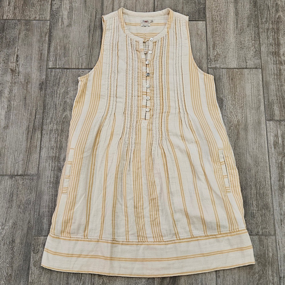 Faherty Brand Isha Dress Womens M Gold Stripe Organic Cotton Sleeveless Boho
