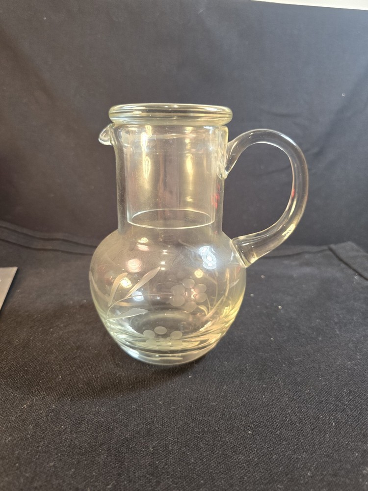 Vintage Floral Etched Glass Water Pitcher with Tumbler Lid