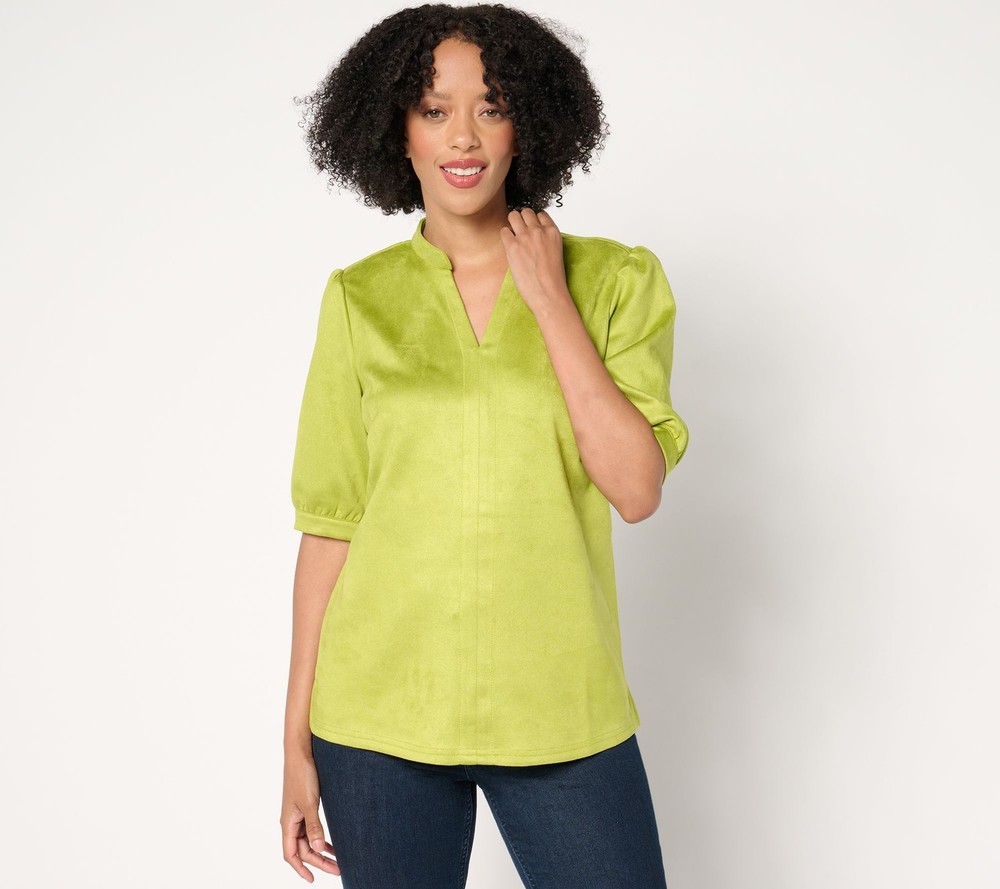 Belle by Kim Gravel Women's Top Sz L PerSuede Me Puff Sleeve Green A663051