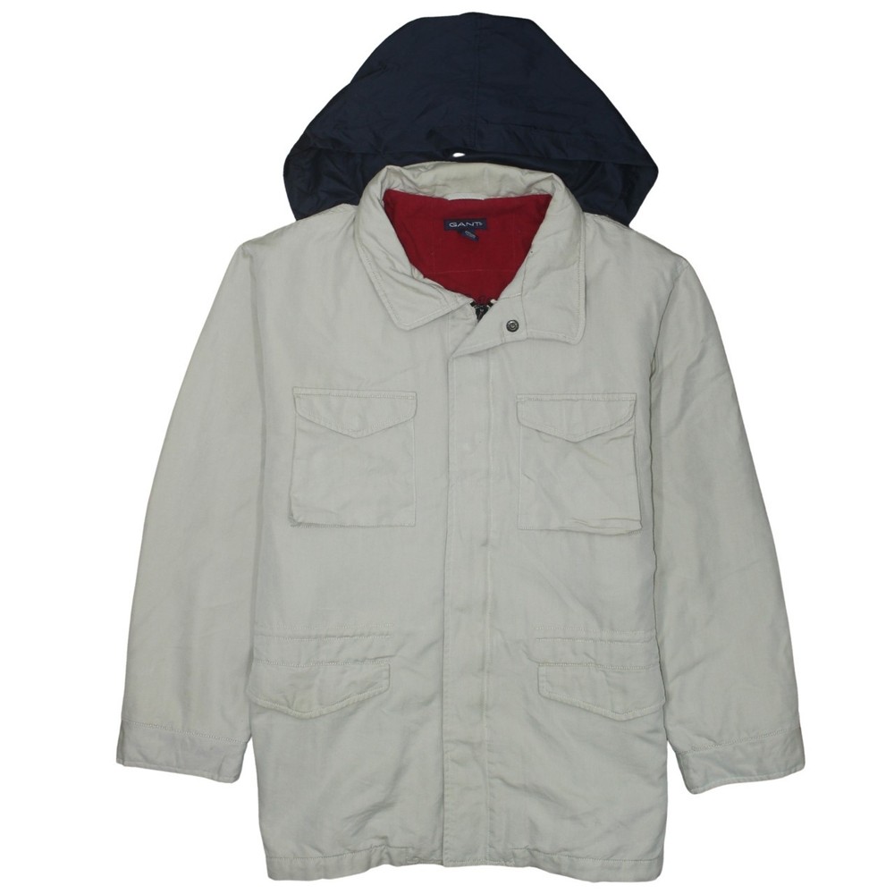 GANT Mens Jacket Beige Hooded Canvas Full Zip Pockets Workwear Windbreaker XL