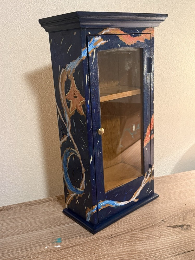 Custom Painted Display Cabinet Celestial Themed Sun, Moon, Stars