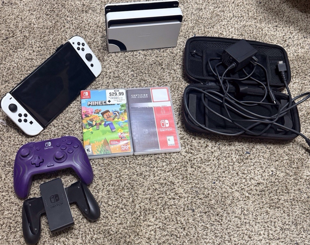 Nintendo Switch OLED Console Bundle w/ Controllers, AC Adapter, Cases & Games