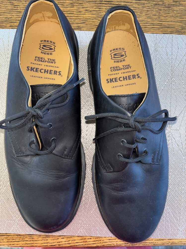 Skechers Mens Size 10 Y2K Shoes Chunky Sole Oxfords Leather Lace Up Black Heavy