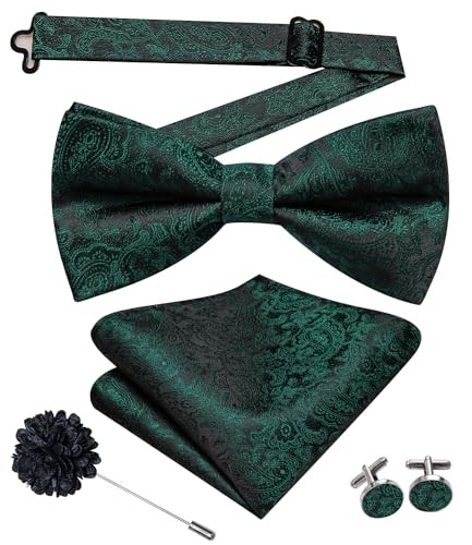 Men's Pre-Tied Bow Tie with Pocket Square & Lapel Pin in Black Green Paisley