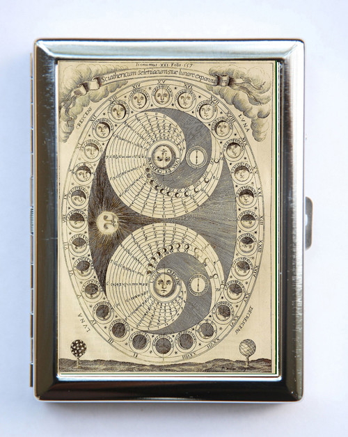 Metal Cigarette Case Wallet Holder Phases of the Moon Lunar Calendar
