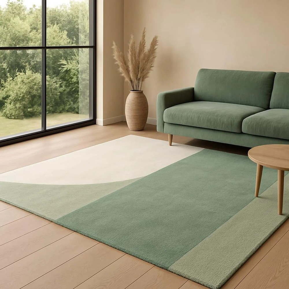Modern Green Hand-Tufted Wool Rug | Geometric Minimalist Area Rug