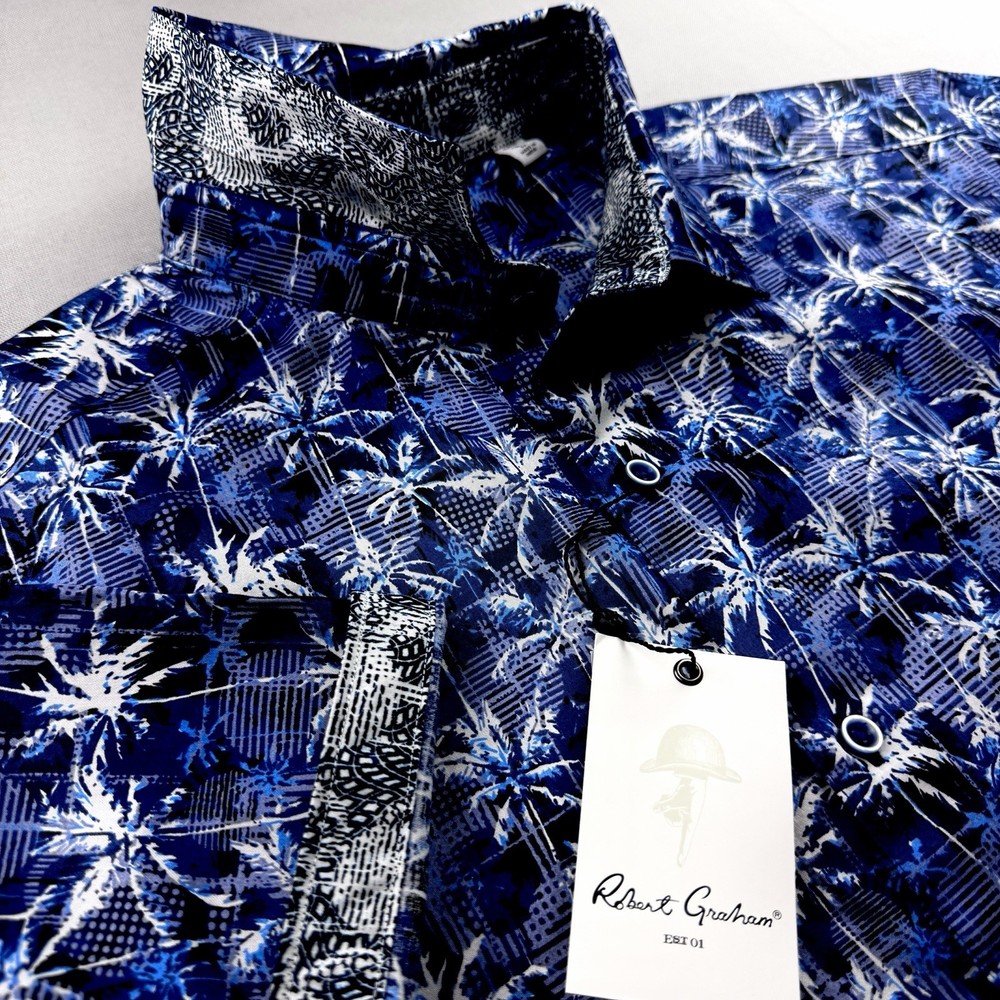 Robert Graham Geometric Floral Palm Tree Abstract Short Sleeve Shirt Blue Large-image