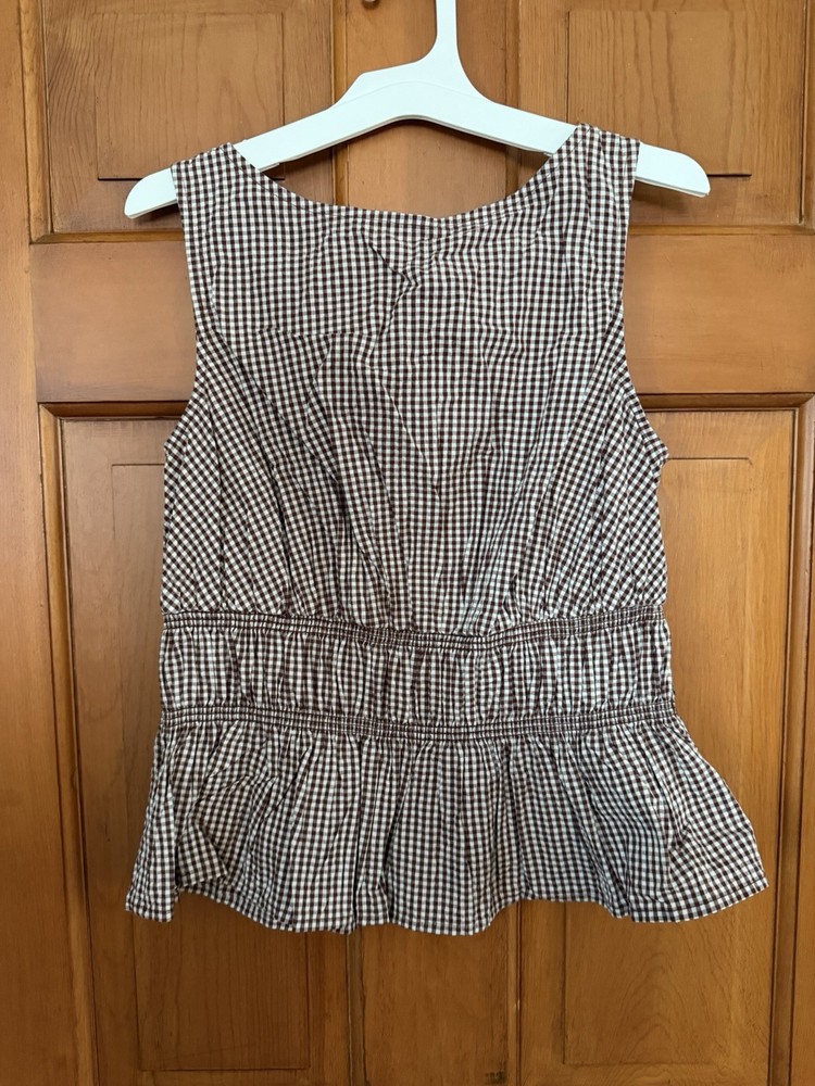 Women’s A New Day Brown Gingham Seersucker Peplum Sleeveless Top Size Small NWT