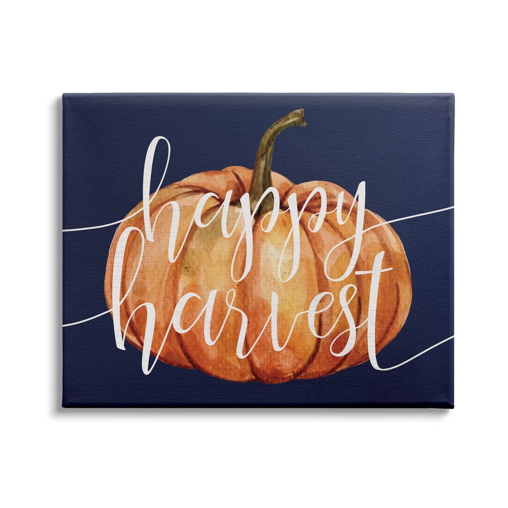 Happy Harvest Phrase Orange Pumpkin Over Blue Canvas Wall Art, 30 x 24