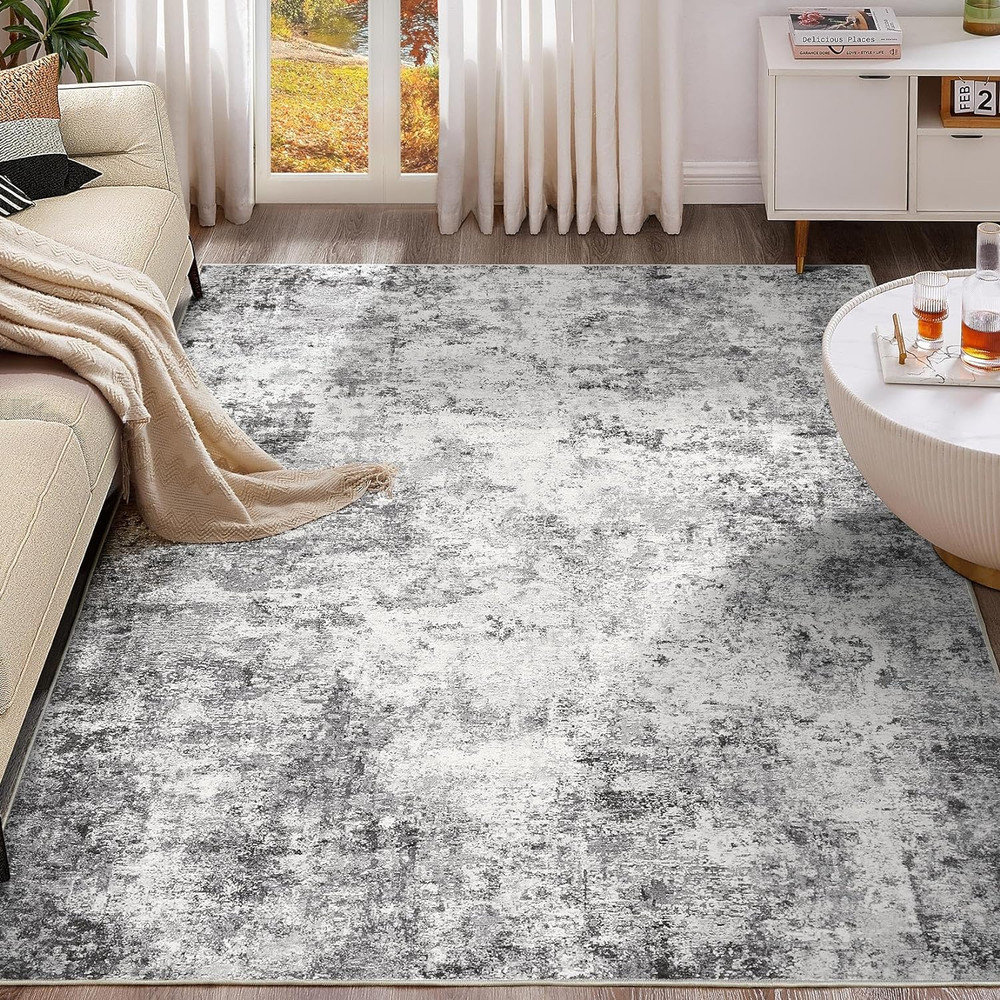 5X7 Area Rug Living Room Rugs - Washable Neutral Modern Abstract Soft Thin Large