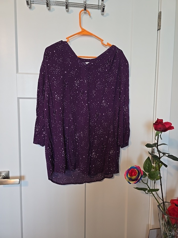 Croft & Barrow Blouse Women's XL Purple Polka Dot Starburst 3/4 Sleeve V-Neck