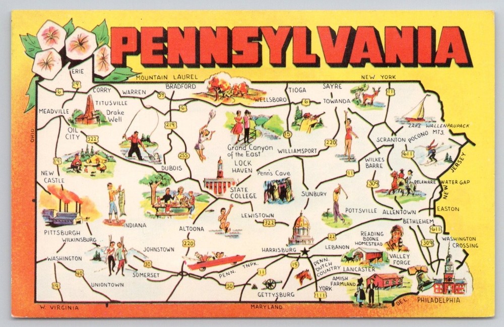 Vintage Pennsylvania Pictorial Map Postcard - Keystone State Landmarks