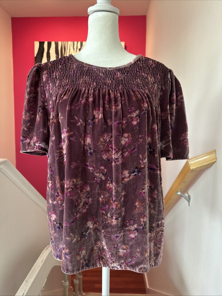 Rebecca Taylor Top, Velvet (silk/viscose) Smocked Short Sleeve Purple & Burgundy