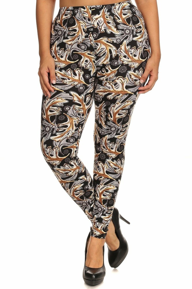 Slim Fit Abstract Leaf Print Full-Length Leggings with Banded Waist-image