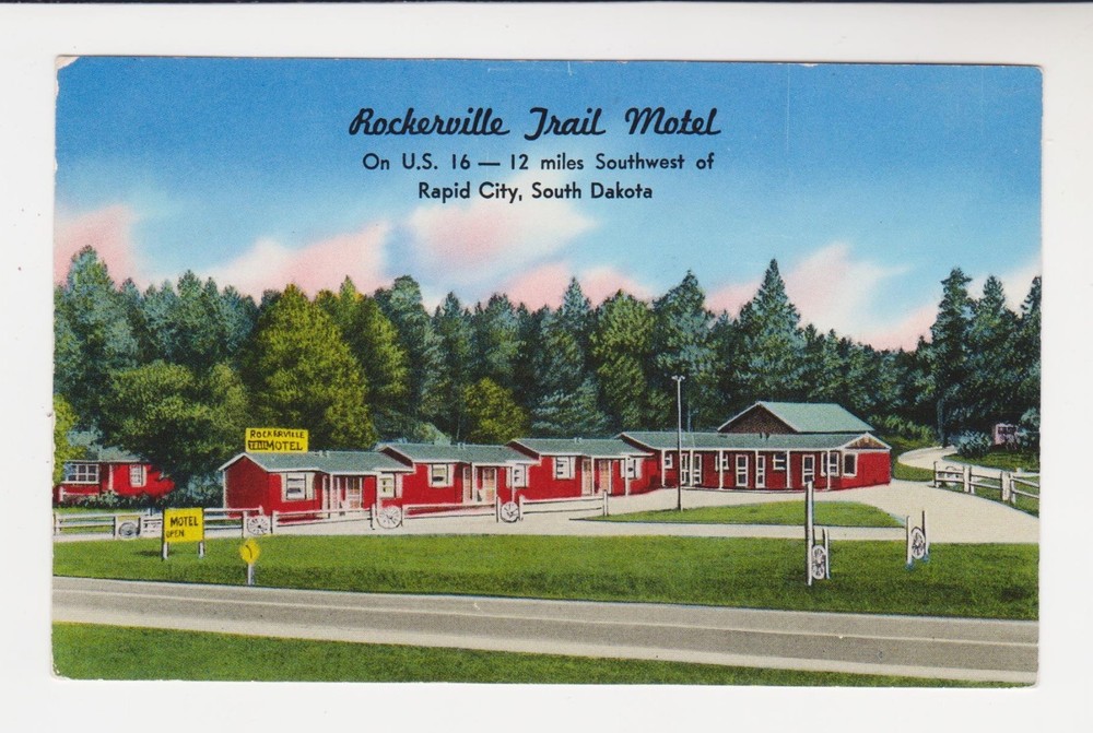 ROCKERVILLE TRAIL MOTEL, U.S. 16, ROCKERVILLE GOLD TOWN, S.D. - 1950s Postcard