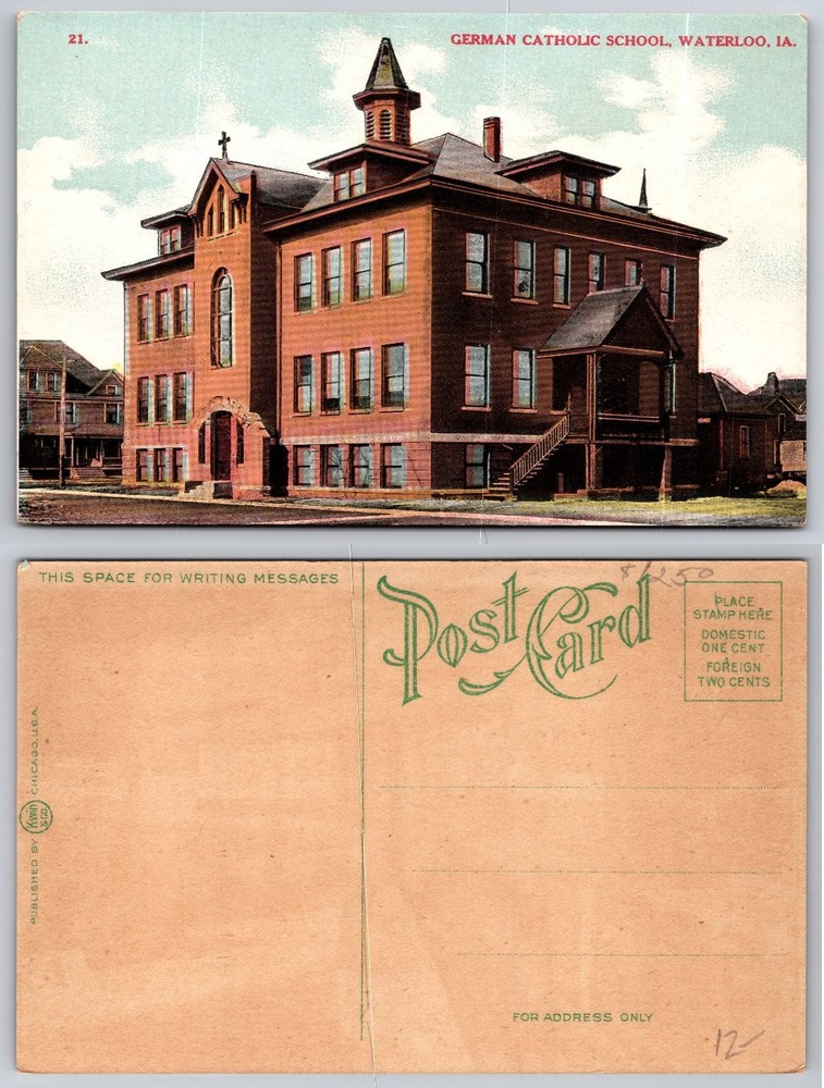 Waterloo IA German Catholic School Antique Kihn Postcard c.1910 Iowa