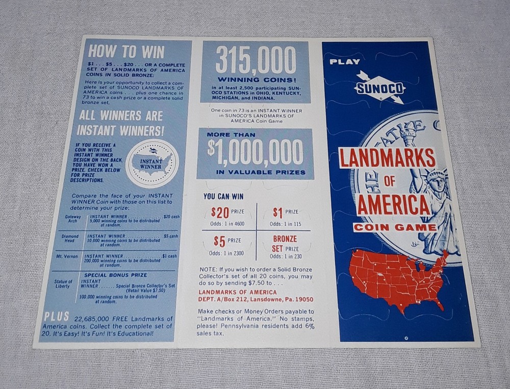 SUNOCO GAS STATION LANDMARKS OF AMERICA COIN GAME CARD UNUSED NO COINS