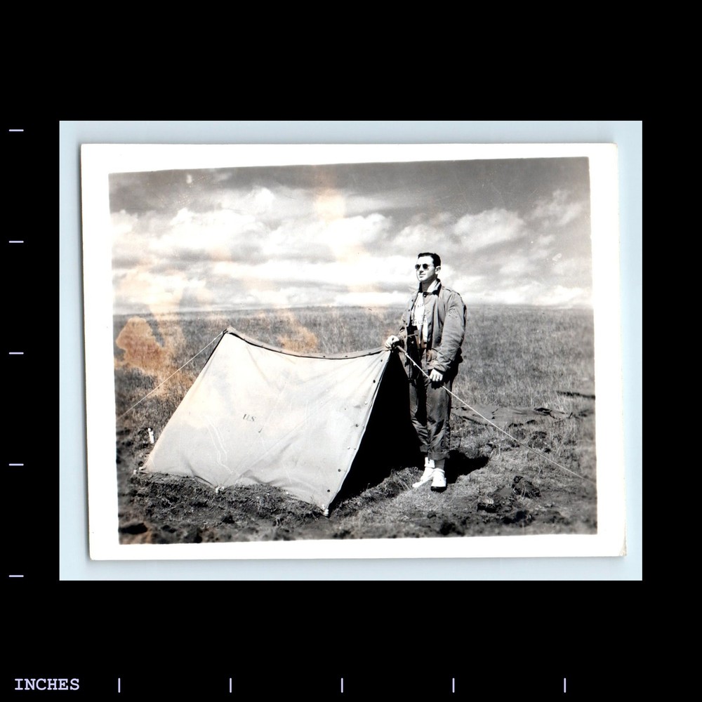 Old Vintage Photo AIRMAN MAN WITH TENT AND CAMERA IN FIELD