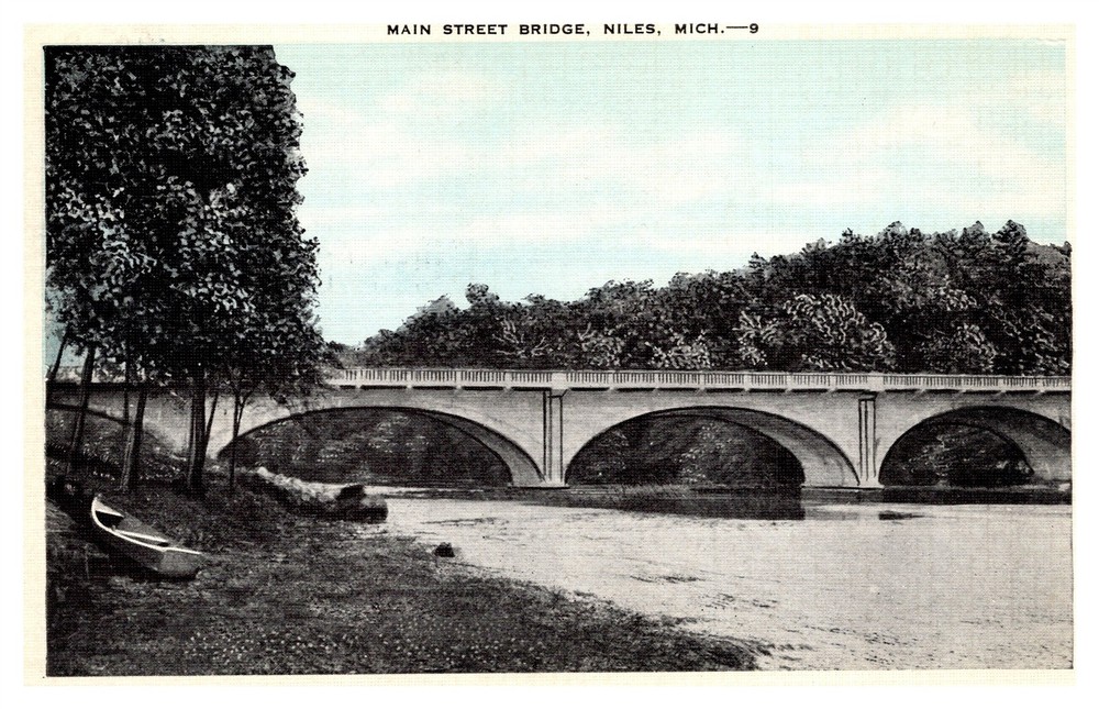 Main Street Bridge Niles St Joseph River MI Linen Postcard AH1