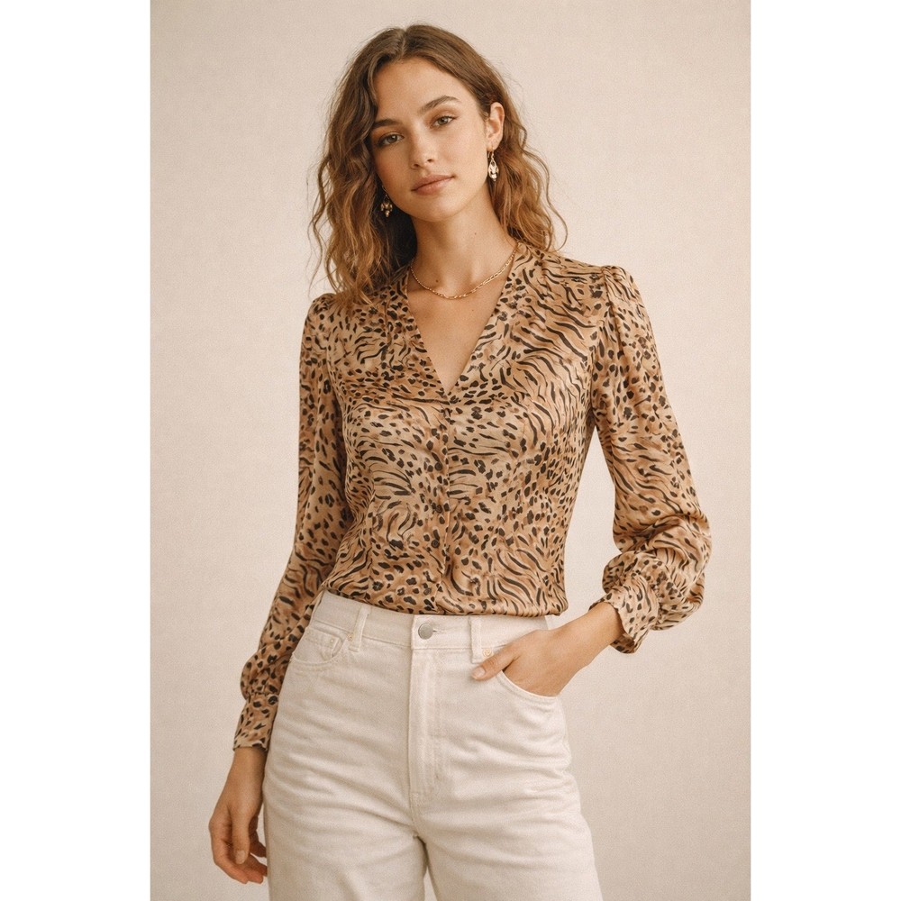 Elie Tahari 100% Silk Animal Print Blouse Leopard V-Neck Tan Brown XS