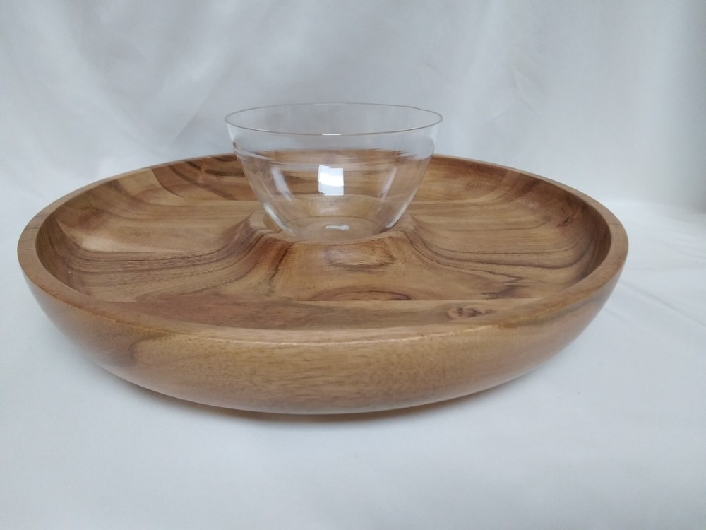 ACACIA WOOD LAZY SUSAN CHIP/VEGGIE AND DIP BOWL-image