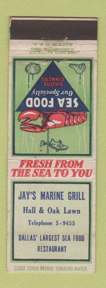 Matchbook Cover - Jay's Marine Grill Dallas TX lobster