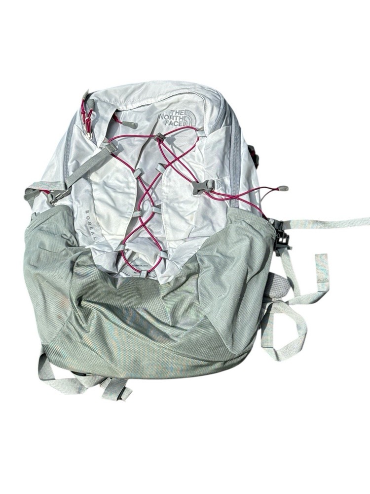 The North Face Borealis Backpack in White Grey with Pink Cordage for Hiking School