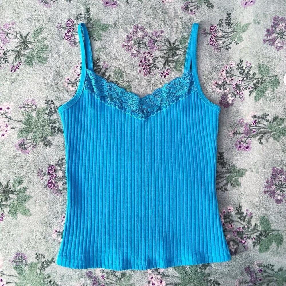 Vintage Y2K One 💙 Clothing Blue Lace Ribbed Cami Tank Top