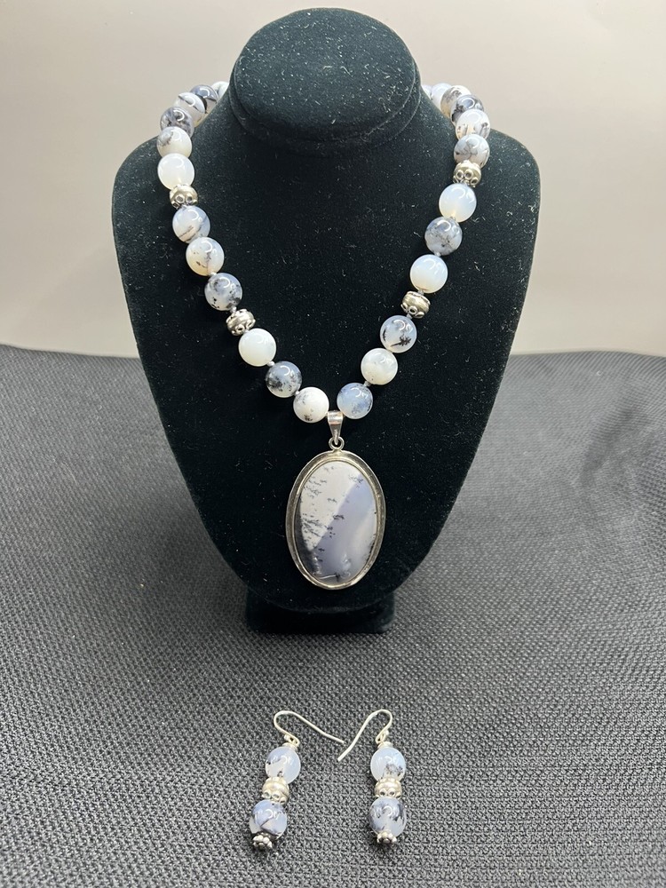 Dendrite Opal Dangle Earrings & Necklace W/ Serling Silver Beads, Clasp, Pendant