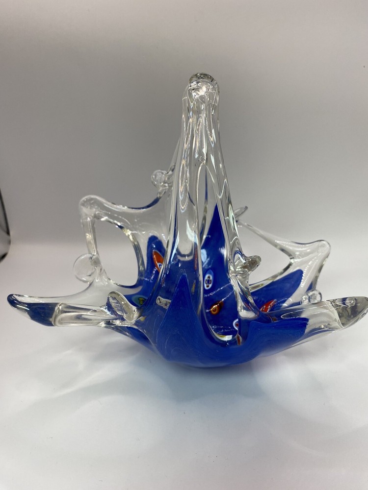 Murano Blue Stretch Art Glass Basket Candy Dish Italy Vintage