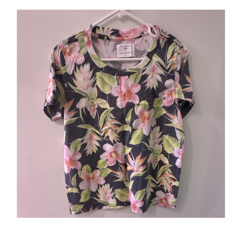 Sol Angeles Anthropologie Women's Pink Green Floral Knit Crew Neck Tee L