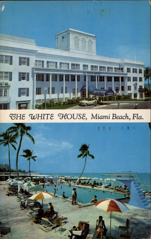 White House Miami Beach Florida swimming pool ~ 1960 vintage postcard