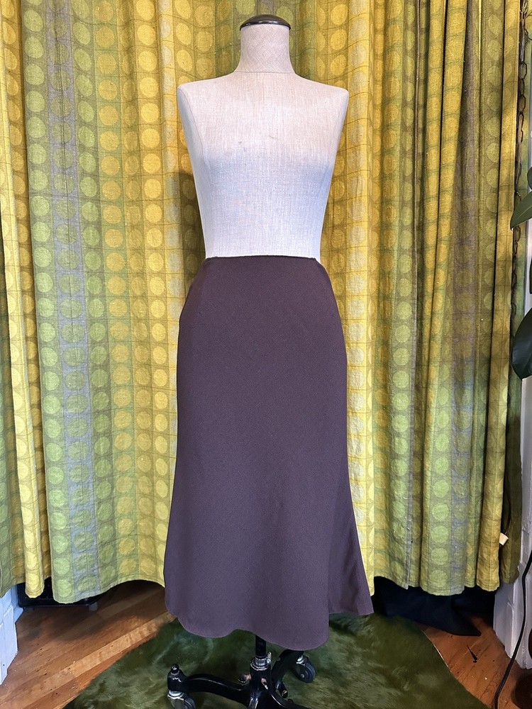 90s VINTAGE  PRADA Brown Mocha Wool Crepe Side Zip Midi A-Line Skirt XS