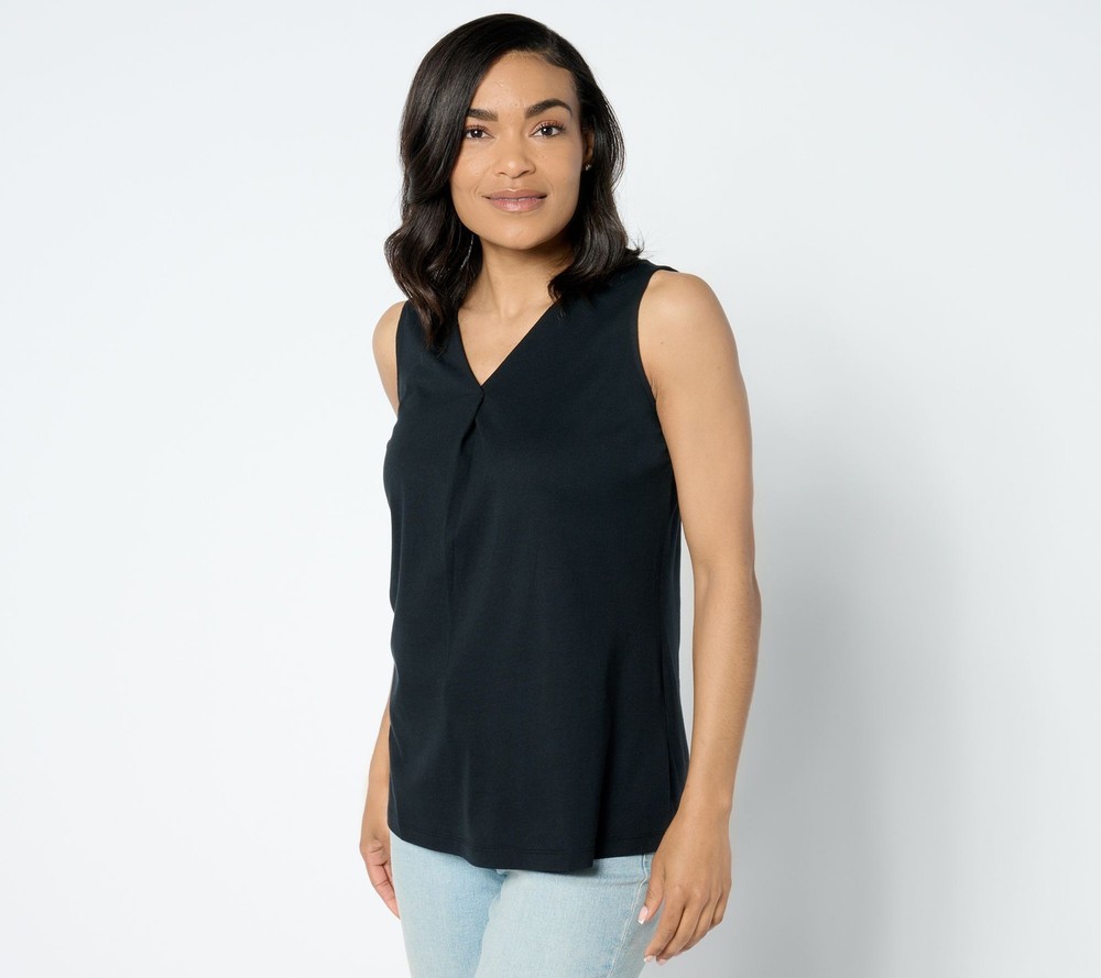 Denim & Co. Women's Top Sz M Essentials Modal Blend Jersey V-Neck Black A654096