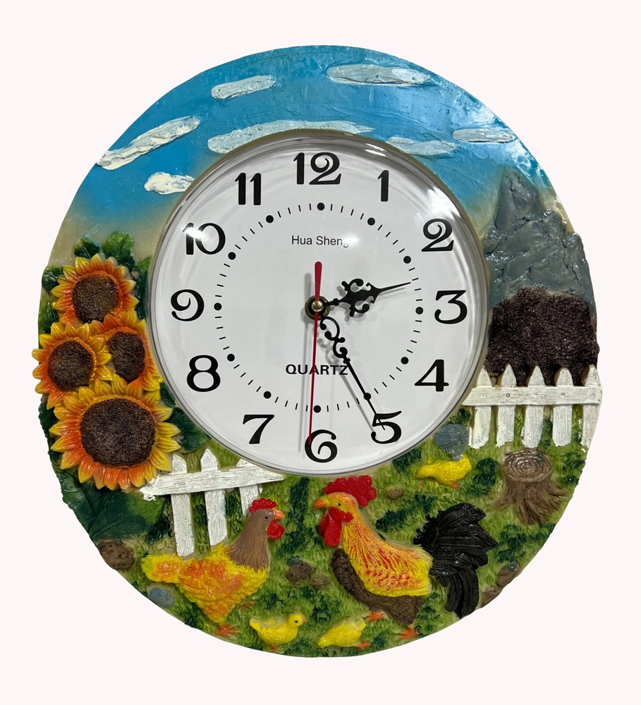 Vibrant 12-Inch Hand-Painted Rooster and Sunflower Wall Clock - Multi-Color