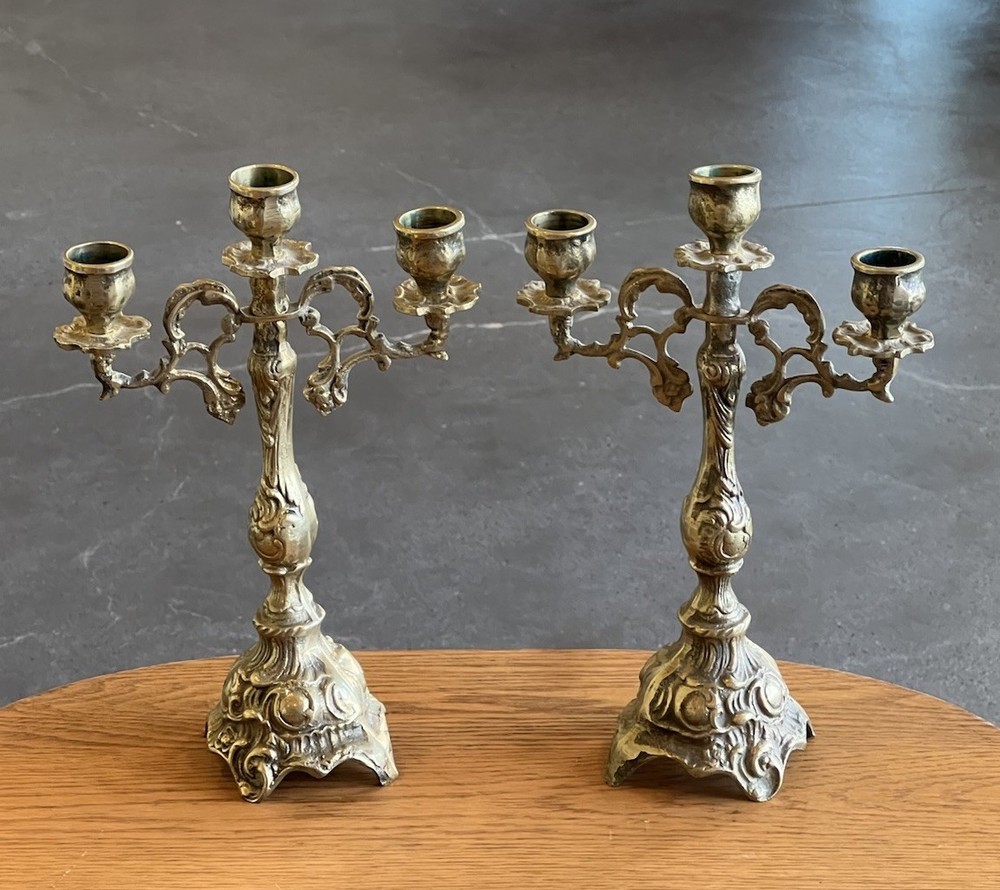 Vintage Louis XV Rococo Style Brass Candelabras Set 2