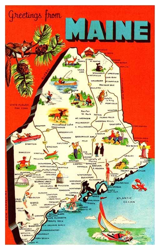 Postcard MAP SCENE State of Maine ME AQ9714
