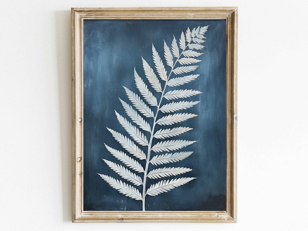 Blue Fern Print Fern Wall Art Botanical Wall Art Rustic Home Decor Black Wood