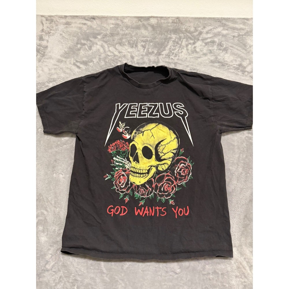Kanye West Yeezus Tour T-Shirt Mens L Black Skull Roses God Wants You Graphic