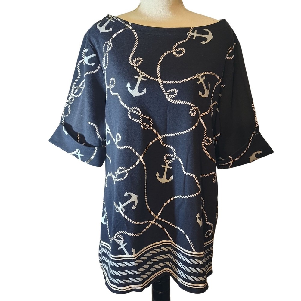 Karen Scott Womens Nautical Print Tunic Top 1X Navy Blue Anchor & Rope Design