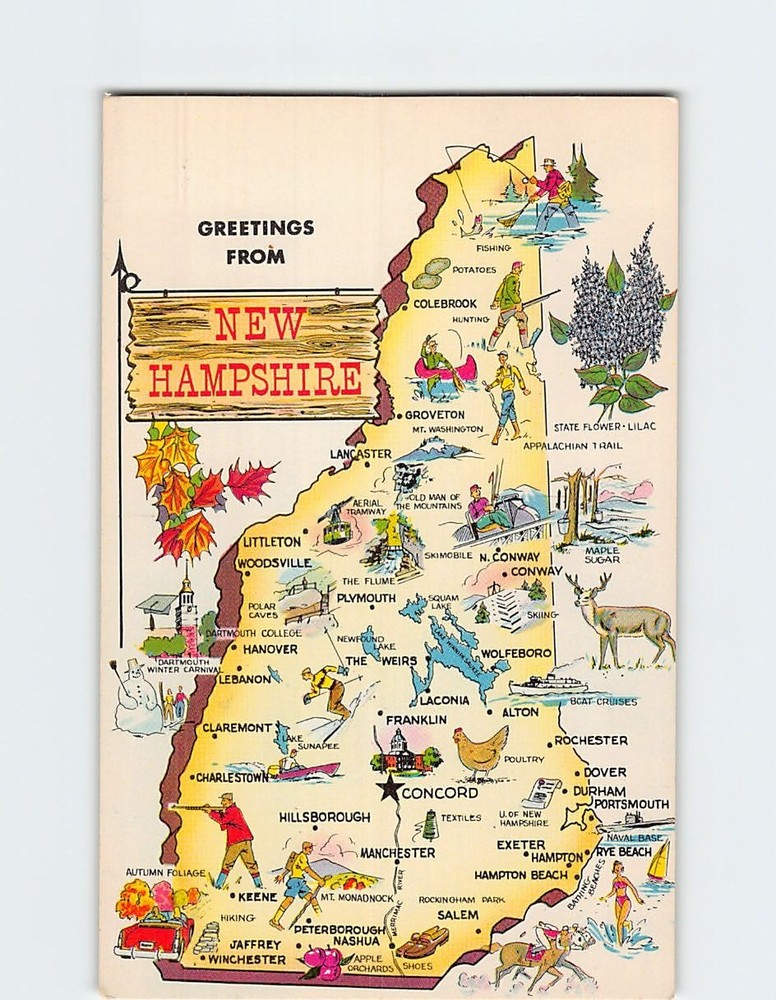 Postcard New Hampshire Map Greetings State Towns Landmarks USA North America