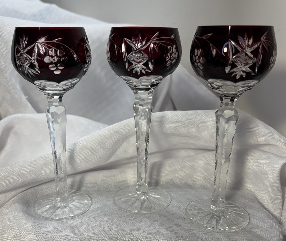 Vintage Ruby Crystal Cut to Clear Wine Glasses/Goblets 3 Pc. 5.75