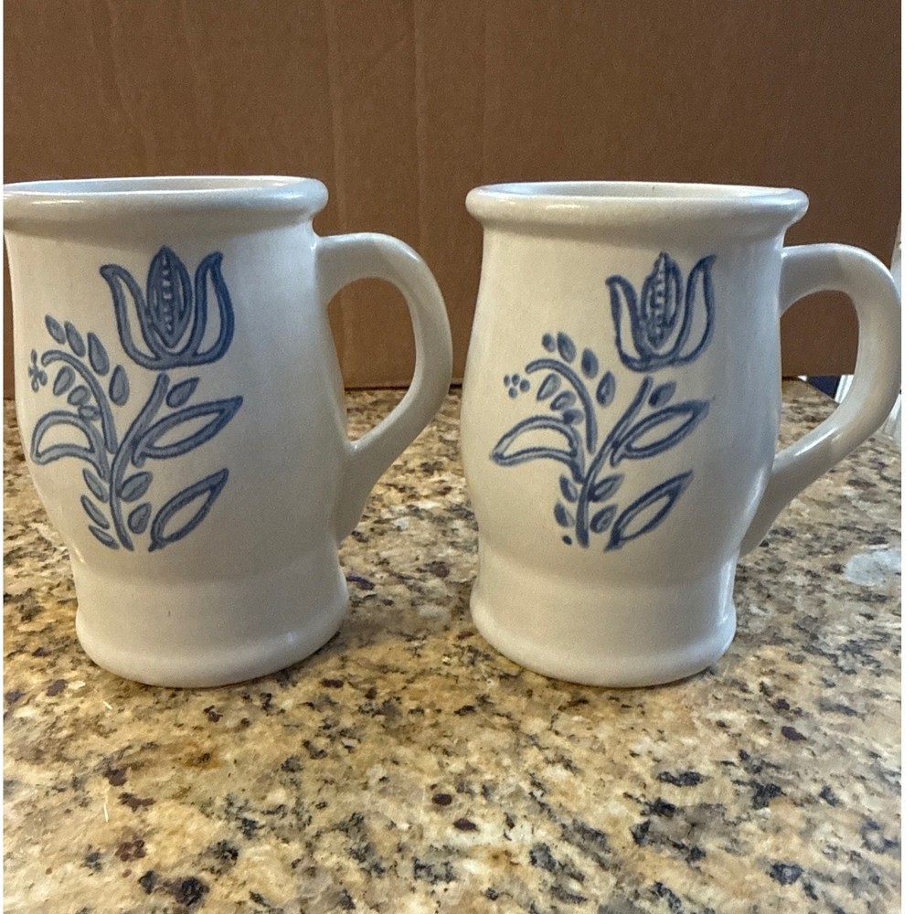 Set of 2 vintage pfaltzgraff Blue Floral Tulip Stoneware Mugs Artisanal Pottery