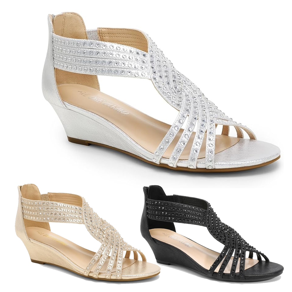 Elegant Rhinestone Women Summer Low Wedge Sandals Open Toe Dress Shoes